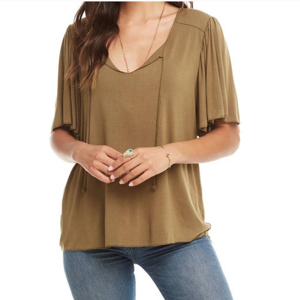Chaser,NWT,Sage Greenish Brown, Size M Cool Jersey Flounce Top with Tie…